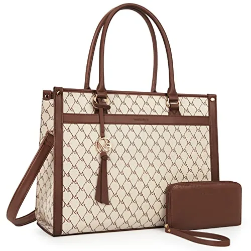 Vegan Leather Laptop Tote, 15.6 inch, with pouch, Dark Beige